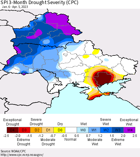 Ukraine, Moldova and Belarus SPI 3-Month Drought Severity (CPC) Thematic Map For 1/6/2023 - 4/5/2023