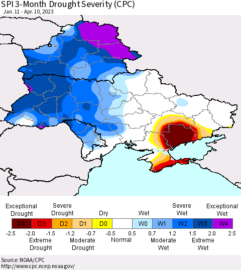 Ukraine, Moldova and Belarus SPI 3-Month Drought Severity (CPC) Thematic Map For 1/11/2023 - 4/10/2023