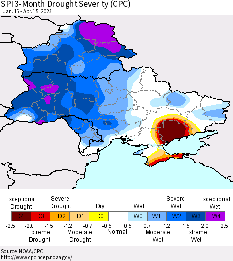 Ukraine, Moldova and Belarus SPI 3-Month Drought Severity (CPC) Thematic Map For 1/16/2023 - 4/15/2023