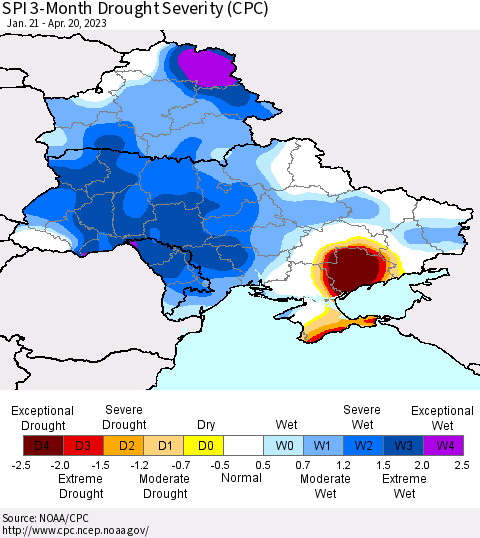 Ukraine, Moldova and Belarus SPI 3-Month Drought Severity (CPC) Thematic Map For 1/21/2023 - 4/20/2023