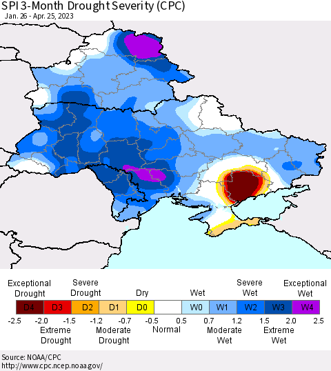 Ukraine, Moldova and Belarus SPI 3-Month Drought Severity (CPC) Thematic Map For 1/26/2023 - 4/25/2023
