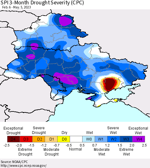 Ukraine, Moldova and Belarus SPI 3-Month Drought Severity (CPC) Thematic Map For 2/6/2023 - 5/5/2023