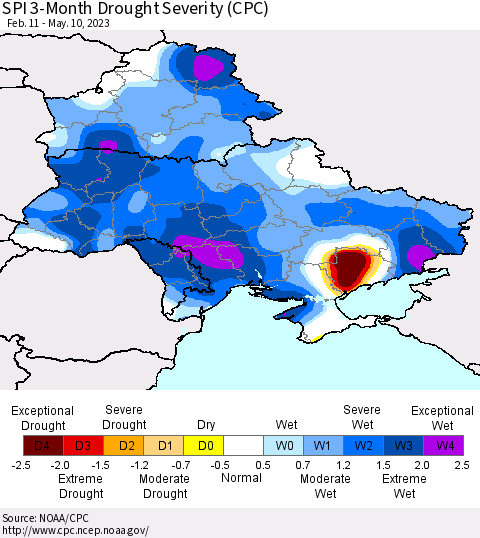 Ukraine, Moldova and Belarus SPI 3-Month Drought Severity (CPC) Thematic Map For 2/11/2023 - 5/10/2023