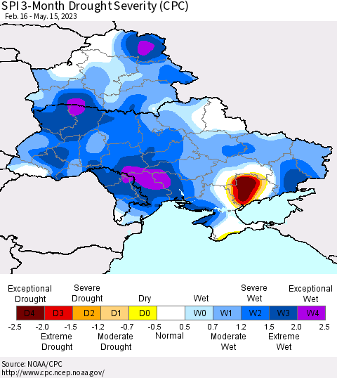 Ukraine, Moldova and Belarus SPI 3-Month Drought Severity (CPC) Thematic Map For 2/16/2023 - 5/15/2023