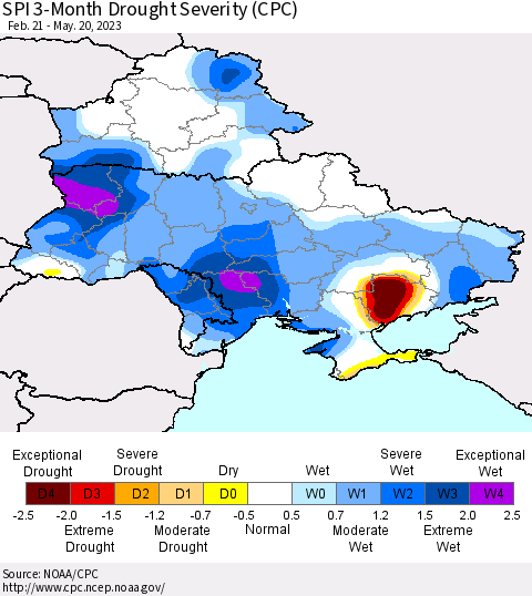 Ukraine, Moldova and Belarus SPI 3-Month Drought Severity (CPC) Thematic Map For 2/21/2023 - 5/20/2023