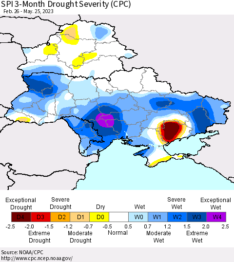 Ukraine, Moldova and Belarus SPI 3-Month Drought Severity (CPC) Thematic Map For 2/26/2023 - 5/25/2023