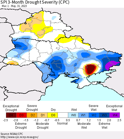 Ukraine, Moldova and Belarus SPI 3-Month Drought Severity (CPC) Thematic Map For 3/1/2023 - 5/31/2023