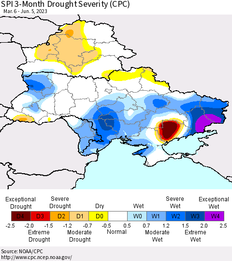 Ukraine, Moldova and Belarus SPI 3-Month Drought Severity (CPC) Thematic Map For 3/6/2023 - 6/5/2023