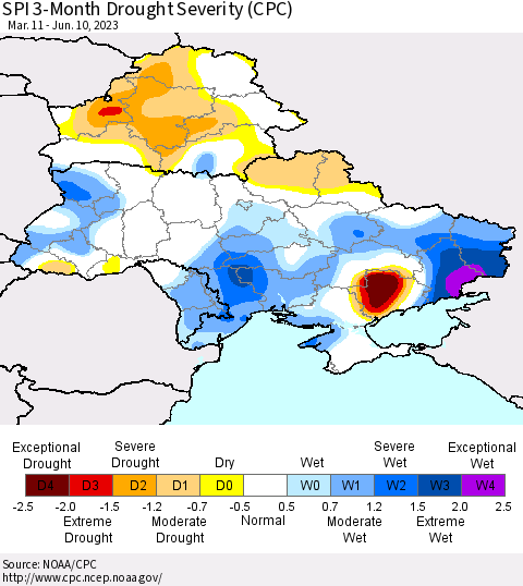 Ukraine, Moldova and Belarus SPI 3-Month Drought Severity (CPC) Thematic Map For 3/11/2023 - 6/10/2023