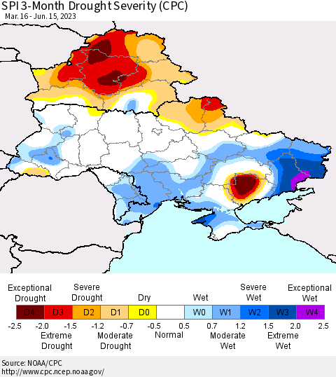Ukraine, Moldova and Belarus SPI 3-Month Drought Severity (CPC) Thematic Map For 3/16/2023 - 6/15/2023