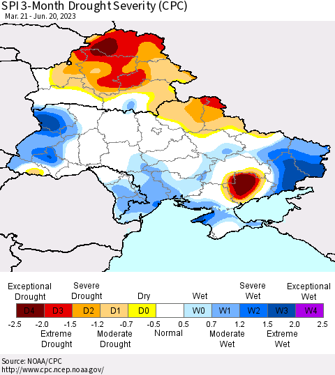 Ukraine, Moldova and Belarus SPI 3-Month Drought Severity (CPC) Thematic Map For 3/21/2023 - 6/20/2023