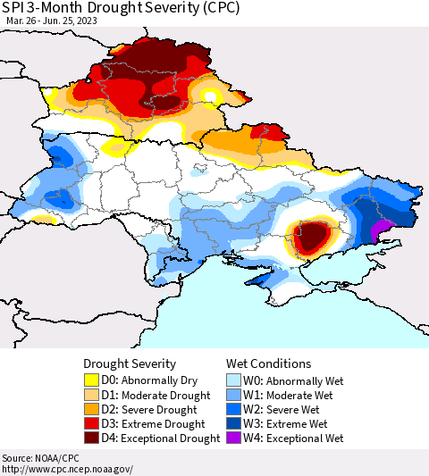 Ukraine, Moldova and Belarus SPI 3-Month Drought Severity (CPC) Thematic Map For 3/26/2023 - 6/25/2023