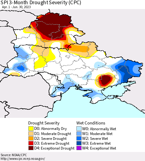 Ukraine, Moldova and Belarus SPI 3-Month Drought Severity (CPC) Thematic Map For 4/1/2023 - 6/30/2023