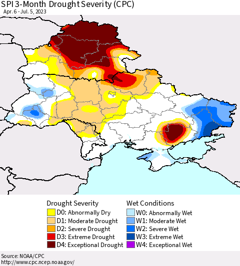 Ukraine, Moldova and Belarus SPI 3-Month Drought Severity (CPC) Thematic Map For 4/6/2023 - 7/5/2023