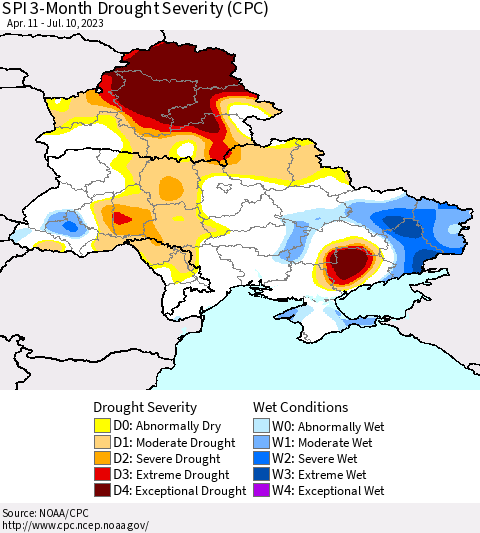 Ukraine, Moldova and Belarus SPI 3-Month Drought Severity (CPC) Thematic Map For 4/11/2023 - 7/10/2023