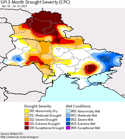 Ukraine, Moldova and Belarus SPI 3-Month Drought Severity (CPC) Thematic Map For 4/16/2023 - 7/15/2023