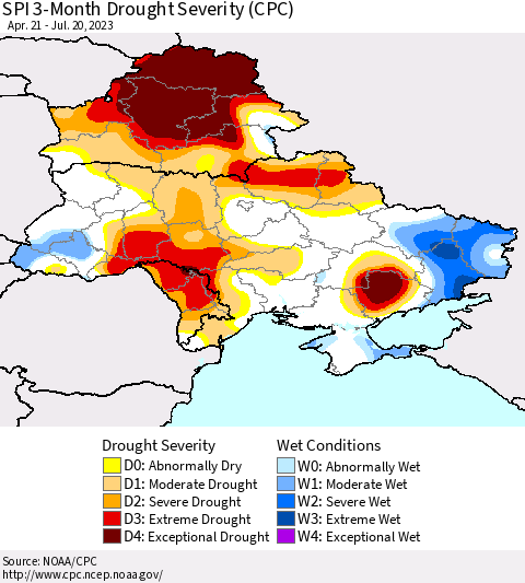 Ukraine, Moldova and Belarus SPI 3-Month Drought Severity (CPC) Thematic Map For 4/21/2023 - 7/20/2023