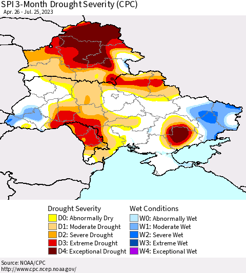Ukraine, Moldova and Belarus SPI 3-Month Drought Severity (CPC) Thematic Map For 4/26/2023 - 7/25/2023