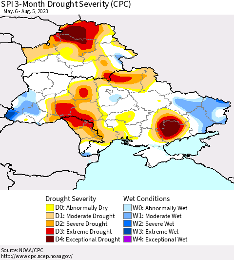Ukraine, Moldova and Belarus SPI 3-Month Drought Severity (CPC) Thematic Map For 5/6/2023 - 8/5/2023