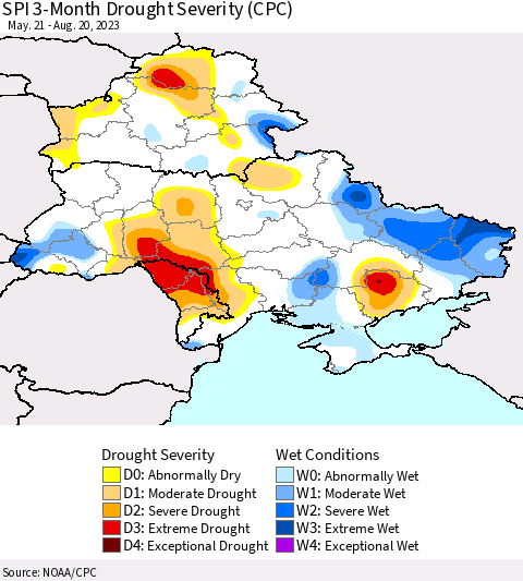 Ukraine, Moldova and Belarus SPI 3-Month Drought Severity (CPC) Thematic Map For 5/21/2023 - 8/20/2023