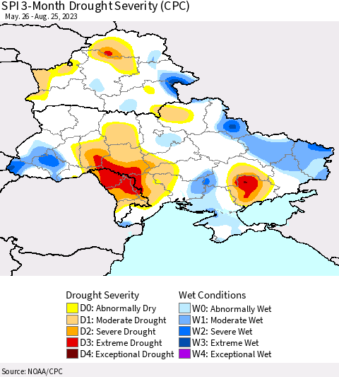 Ukraine, Moldova and Belarus SPI 3-Month Drought Severity (CPC) Thematic Map For 5/26/2023 - 8/25/2023