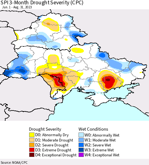 Ukraine, Moldova and Belarus SPI 3-Month Drought Severity (CPC) Thematic Map For 6/1/2023 - 8/31/2023