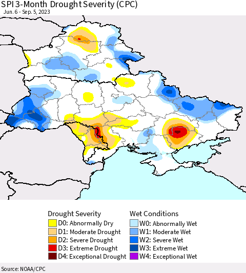 Ukraine, Moldova and Belarus SPI 3-Month Drought Severity (CPC) Thematic Map For 6/6/2023 - 9/5/2023