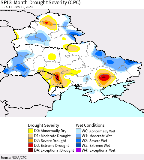 Ukraine, Moldova and Belarus SPI 3-Month Drought Severity (CPC) Thematic Map For 6/11/2023 - 9/10/2023