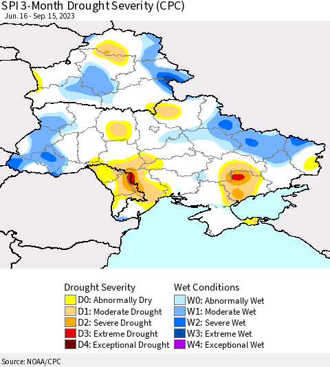 Ukraine, Moldova and Belarus SPI 3-Month Drought Severity (CPC) Thematic Map For 6/16/2023 - 9/15/2023