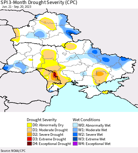 Ukraine, Moldova and Belarus SPI 3-Month Drought Severity (CPC) Thematic Map For 6/21/2023 - 9/20/2023