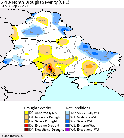 Ukraine, Moldova and Belarus SPI 3-Month Drought Severity (CPC) Thematic Map For 6/26/2023 - 9/25/2023
