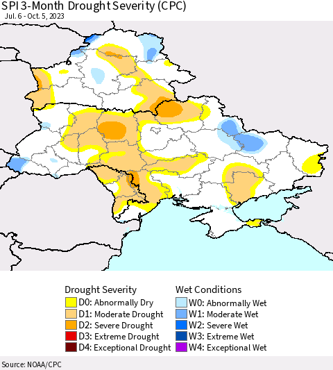 Ukraine, Moldova and Belarus SPI 3-Month Drought Severity (CPC) Thematic Map For 7/6/2023 - 10/5/2023