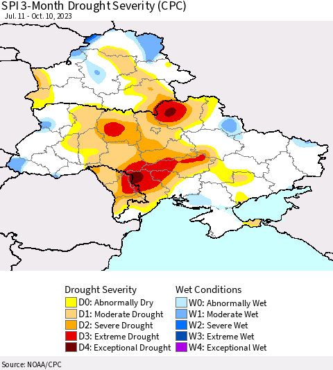Ukraine, Moldova and Belarus SPI 3-Month Drought Severity (CPC) Thematic Map For 7/11/2023 - 10/10/2023