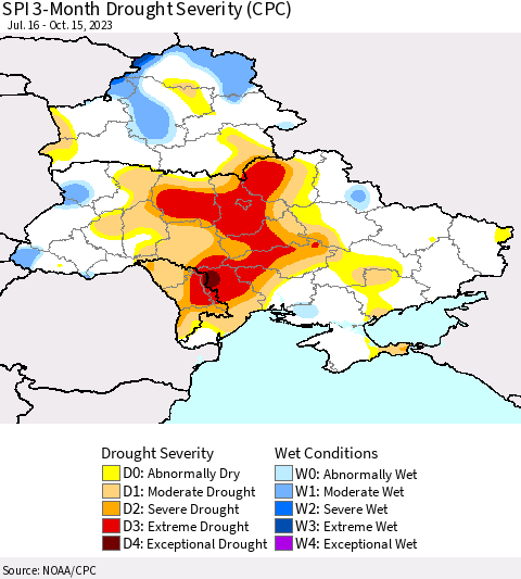 Ukraine, Moldova and Belarus SPI 3-Month Drought Severity (CPC) Thematic Map For 7/16/2023 - 10/15/2023