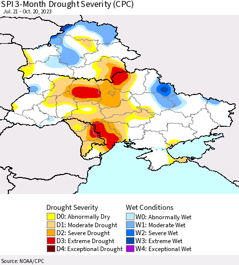 Ukraine, Moldova and Belarus SPI 3-Month Drought Severity (CPC) Thematic Map For 7/21/2023 - 10/20/2023