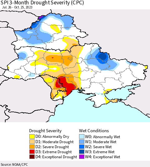 Ukraine, Moldova and Belarus SPI 3-Month Drought Severity (CPC) Thematic Map For 7/26/2023 - 10/25/2023