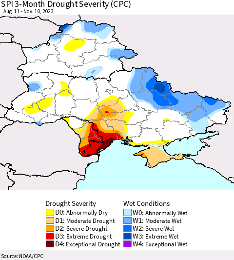 Ukraine, Moldova and Belarus SPI 3-Month Drought Severity (CPC) Thematic Map For 8/11/2023 - 11/10/2023