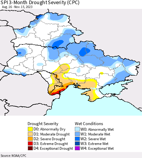Ukraine, Moldova and Belarus SPI 3-Month Drought Severity (CPC) Thematic Map For 8/16/2023 - 11/15/2023