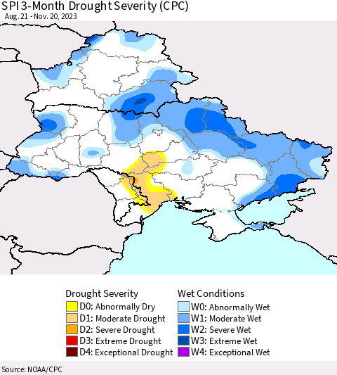 Ukraine, Moldova and Belarus SPI 3-Month Drought Severity (CPC) Thematic Map For 8/21/2023 - 11/20/2023