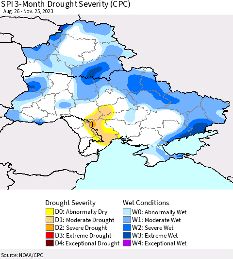 Ukraine, Moldova and Belarus SPI 3-Month Drought Severity (CPC) Thematic Map For 8/26/2023 - 11/25/2023