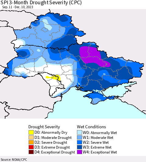 Ukraine, Moldova and Belarus SPI 3-Month Drought Severity (CPC) Thematic Map For 9/11/2023 - 12/10/2023