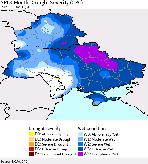 Ukraine, Moldova and Belarus SPI 3-Month Drought Severity (CPC) Thematic Map For 9/16/2023 - 12/15/2023