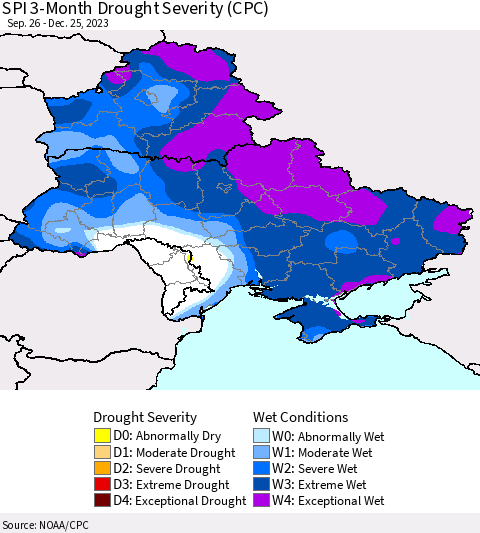 Ukraine, Moldova and Belarus SPI 3-Month Drought Severity (CPC) Thematic Map For 9/26/2023 - 12/25/2023