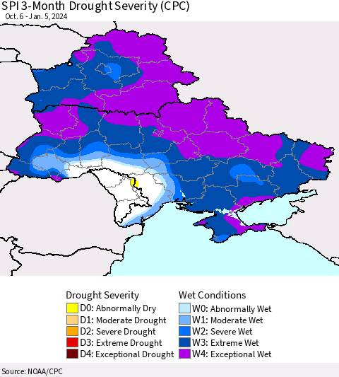 Ukraine, Moldova and Belarus SPI 3-Month Drought Severity (CPC) Thematic Map For 10/6/2023 - 1/5/2024