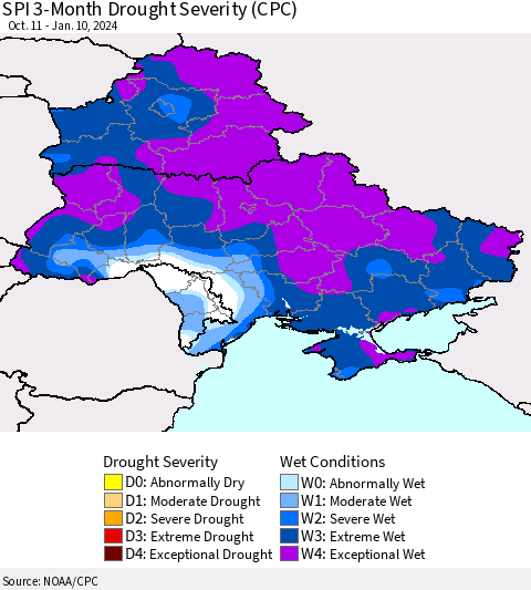 Ukraine, Moldova and Belarus SPI 3-Month Drought Severity (CPC) Thematic Map For 10/11/2023 - 1/10/2024