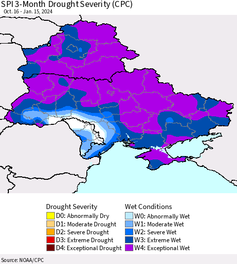 Ukraine, Moldova and Belarus SPI 3-Month Drought Severity (CPC) Thematic Map For 10/16/2023 - 1/15/2024
