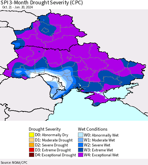 Ukraine, Moldova and Belarus SPI 3-Month Drought Severity (CPC) Thematic Map For 10/21/2023 - 1/20/2024