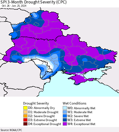 Ukraine, Moldova and Belarus SPI 3-Month Drought Severity (CPC) Thematic Map For 10/26/2023 - 1/25/2024