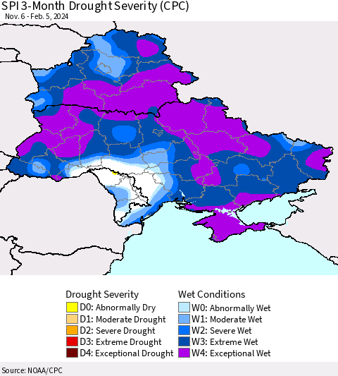 Ukraine, Moldova and Belarus SPI 3-Month Drought Severity (CPC) Thematic Map For 11/6/2023 - 2/5/2024