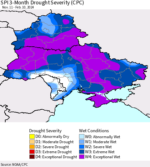 Ukraine, Moldova and Belarus SPI 3-Month Drought Severity (CPC) Thematic Map For 11/11/2023 - 2/10/2024